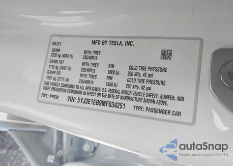 2021 Tesla Model 3 Long Range Dual Motor All-Wheel Drive from USA, damaged, VIN 5YJ3E1EB9MF034251